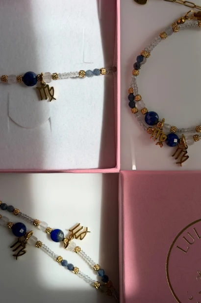 Bransoletka zodiakalna dla Panny Lulobelia w pudełku, kamień księżycowy i lapis lazuli, prezent dla Panny, handmade Polska