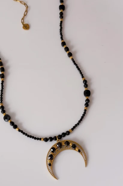 Naszyjnik z czarnego turmalinu Lulobelia, złoty księżyc, amulet ochronny, unikat 1 z 1, biżuteria z kamieni naturalnych Polska