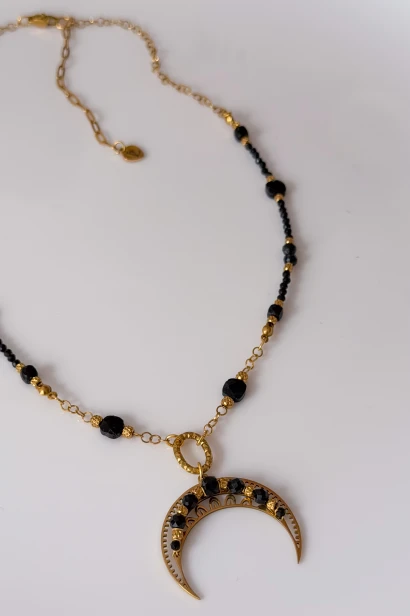 Naszyjnik z czarnego turmalinu Lulobelia, złoty księżyc, amulet ochronny, unikat 1 z 1, biżuteria z kamieni naturalnych Polska