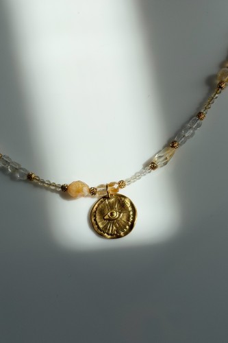 Naszyjnik amulet Lulobelia Amulet Dobrobytu, cytryn, złota moneta oko opatrzności, unikat, biżuteria symboliczna handmade Polska