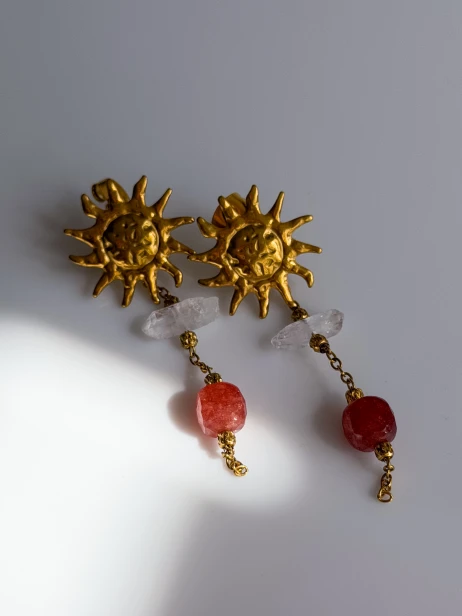 Kolczyki słońce Lulobelia, herkimer, kamień słoneczny, złote elementy, komplet biżuterii, unikat 1 z 1, handmade Polska